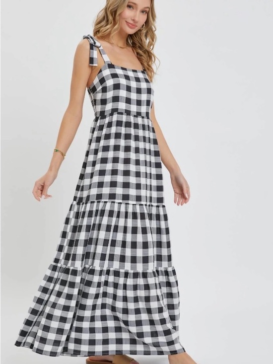 Dresses & Skirts - Black and White Gingham Tie-Shoulder Maxi Dress